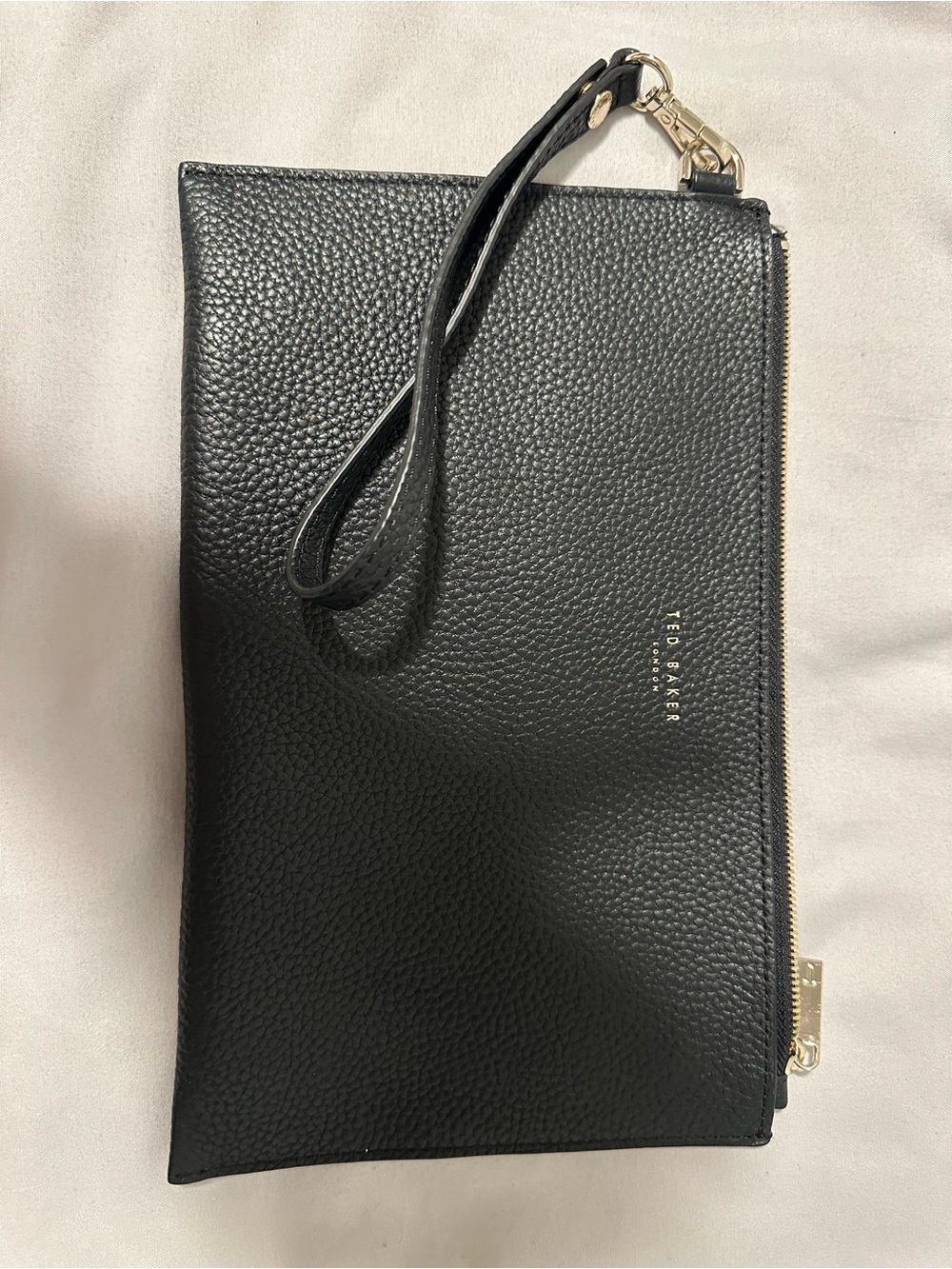 Ted Baker Black Pebbled Leather Wristlet Clutch with Gold Hardware